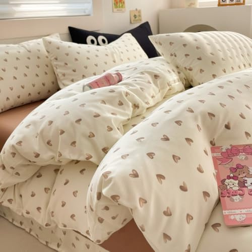 Nayoroom Bettwäsche 135x200 Beige Braun Herzen Bettbezug Kissenbezug 80x80 | Mädchen,Herzchen,ÖKO-TEX,Bettwäsche-Sets,Aesthetic Cute,Kawaii,Weich Mikrofaser,Einzelbett,Deckenbezug,Reißverschluss,2teilig