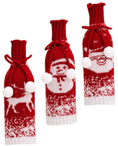 CLISPEED 3 Stück Teiliges Weihnachts Flaschenhüllen aus Weichem Polyester Waschbar und Langlebig Festliche Strick Weinflaschenbezüge mit Rentier Schneemann und Weihnachtsmann für