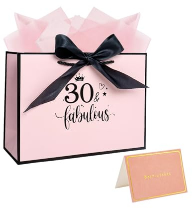 28× 20× 10cm 30. Geburtstag Geschenktüte für Frauen, 30. Rosa Papier Geschenktüte mit Karte und Seidenpapier