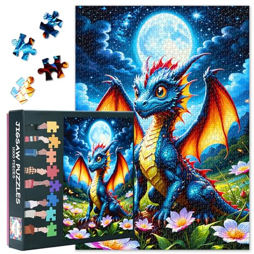 Drachen 1000 Teile Premium Puzzle: Drachenjunge unter Vollmond (50x70cm) - Mystisches Fantasymotiv, Ultimative Herausforderung für Puzzle-Experten