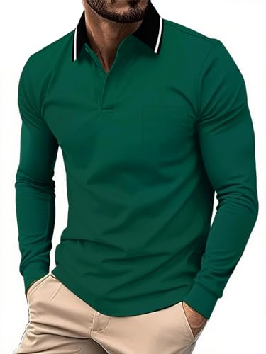 JACKETOWN Mens Polo Shirts Long Sleeve Breathable Work Polo Shirts Adult Casual Button Down Golf Tennis T Shirt