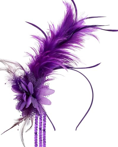 ETOFETE Haarreif Karneval Feder Fasching Kopfschmuck für Damen 20er Jahre Lila Stirnband, Retro Fascinator mit Blumen Quaste Haarschmuck für Cosplay Cocktail Halloween
