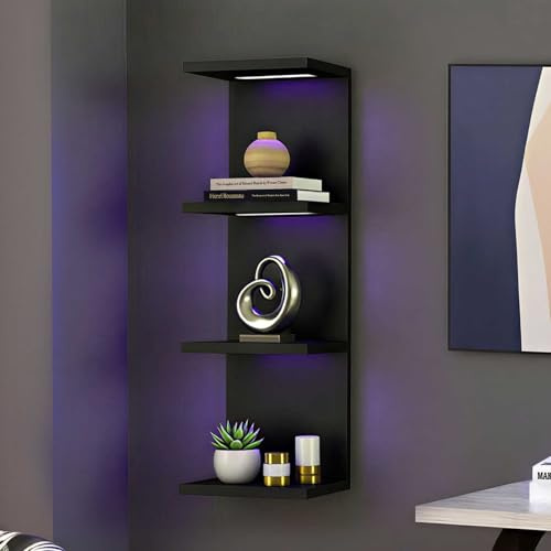 VIWODS 4-Tier Wall Shelf Unit with Lights, Black | Floating Lack Shelf, Wall Mounted Vertical Shelf, Remote Control, For Bedroom Living Room Vanity