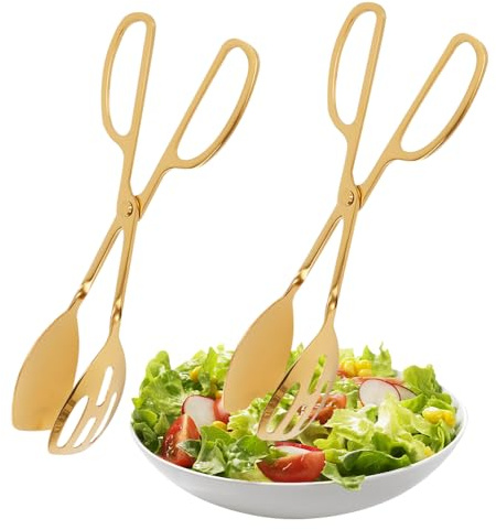 XINGYATU 2 PCS Salad Servers, Gold Serving Tongs with Scissor Handles | 304 Stainless Steel, Slotted Design for Oil Draining, Polished Finish, BBQ & Buffet Use