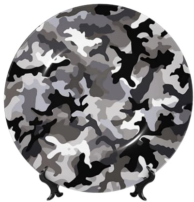 Assiette décorative en porcelaine anglaise noire grise blanche camouflage assiettes à dîner en céramique noir gris blanc camouflage assiettes décoratives support en céramique ornement art artisanat