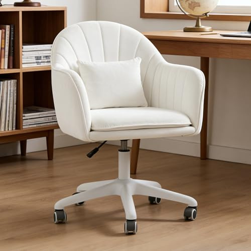 Erlium Ergonomischer Bürostuhl, 360° drehbar Höhenverstellbar, SamtStuhl mit Kopfkissen, Homeoffice Stuhl bis 250 PFD Belastbar, Schminktisch Stuhl, für Studierzimmer, Schlafzimmer, Wohnzimmer, Weiß