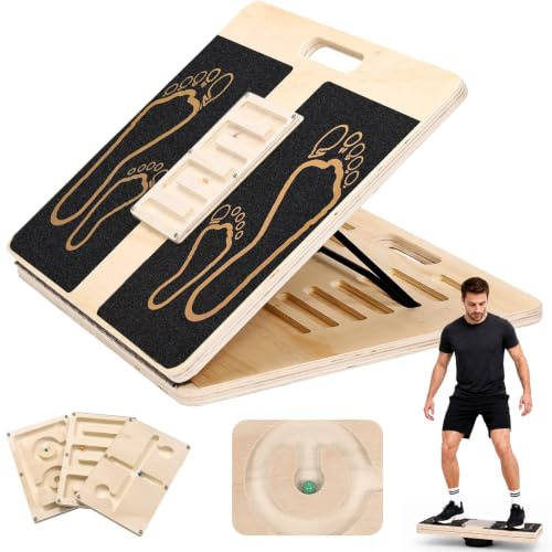 ONETOALL 2 in 1 Planche Equilibre Inclinée Kiné 12 angles et 3 labyrinthes | Charge Maximale 136 kg, Antidérapant, Plateforme Plus Large et Épaisse, Bois 11 Couches Pressées, Multi-Usage Rééducation