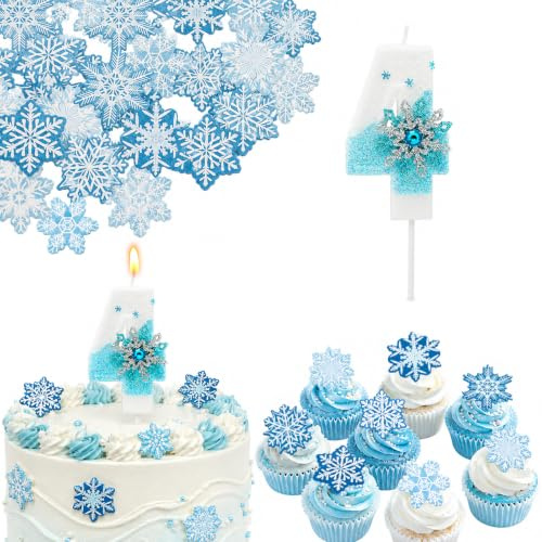 45 Esspapier Tortendeko Essbar Schneeflocken mit Geburtstagskerzen Zahlen 4 | Blau Weiß Snowflake Essbare Cupcake Topper, Kerzen Zahlen 4 Weiß Blau, Schneeflocken Muffin Deko für Geburtstage Weihnachten