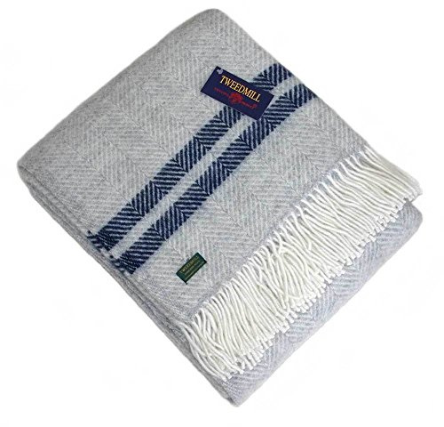 Tweedmill Textiles 100% Pure Wool Blanket Fishbone Design in Grey with Navy Stripe
