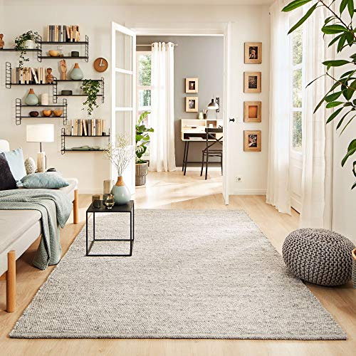 Steffensmeier Handwebteppich Rubi in Grau aus 100% Schurwolle mit Fusselstopp, gewalkt, Ökologisch geprüft, Größe: 130x200 cm