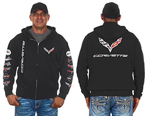 JH DESIGN GROUP Mens Chevy Corvette Hoodies with Exclusive American Flag Sticker (Medium, CLG2-black)