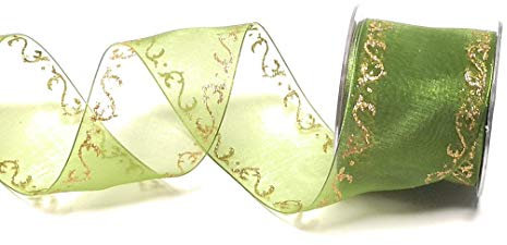 Schleifenband 15m x 60mm Organza Grün - Gold Ornamente ROKKOKO Dekoband Tischband