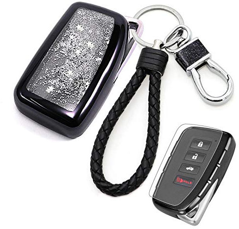 Senauto Sparkling Quicksand Key Fob Cover Full Coverage Protection Key Case Key Chain for Lexus 2013-up RX350 NX200 NX200t NX300 NX300h IS200t ES250 ES350 GS350 GS450 Remote Control Smart Key (Black)