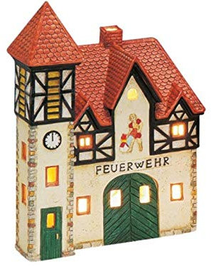 Feuerwehr aus Porzellan – Windlicht Lichthaus Miniatur-Modell – B16 x T10 x H22 cm - detailgetreues Dekohaus für Weihnachtsdorf Miniaturwelt Winterdeko Sammlerobjekt Weihnachtsdekoration