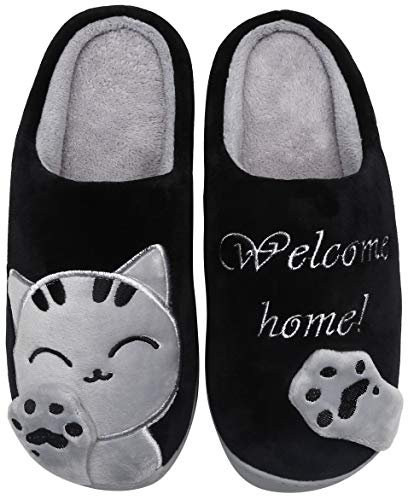 Mishansha Hombre Mujer Zapatillas de Casa para Invierno Otoño, con Forro de Felpa y Suela Dura, Cómodas/Blanditas/Mulliditas y Calentitas(Negro, 39/40 EU - Tamaño del fabricante: 40/41 CN)