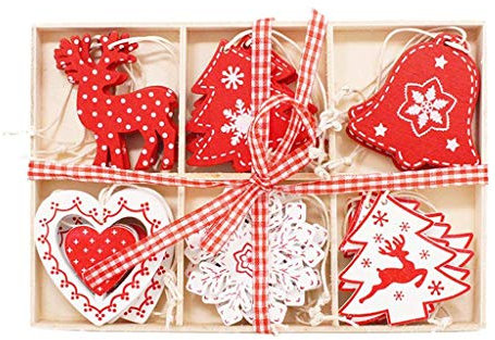 Tubayia 24 Stück Holz Anhänger Hirsch/Schneeflocke/Herz/Baum Weihnachtsanhänger Weihnachtsbaumschmuck Weihnachtsdeko