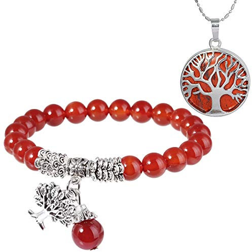 mookaitedecor Agate Perles Protection Bracelet Pierre Naturelle Lithotherapie Collier Jasper Rouge Pendentif Arbre de Vie Bijoux pour Femme