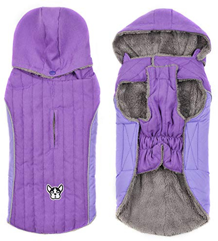 Ctomche Winter Coat, Extra Warm Dog Jacket with Fleece Lining and Harness Hole, Reflective Adjustable Small Dog Jacket, Purple-XL