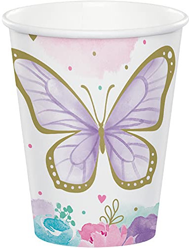Creative Party Butterfly Paper Cups, Birthday Party Decorations, Pack of 8 Disposable Cups, Party Decorations Supplies, PC354584, Purple, Pink, and Blue, 256ml (9floz)