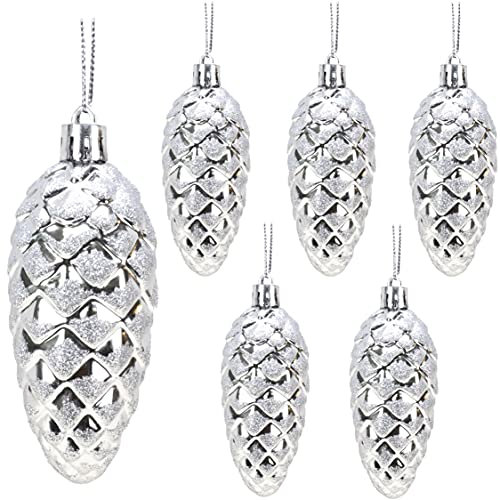 Christmas Concepts® Packung mit 6-90mm Tannenzapfen-Kugeln – Glänzend und Glitzerverziert – Luxus-Weihnachtsdekoration (Silber)