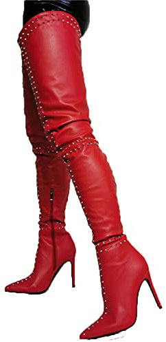 ZHENGRUI - Stivali sopra il ginocchio, stivali alti alla coscia a punta, rivetto invernale autunno slim tacco alto sexy moda inverno partito rosso-40