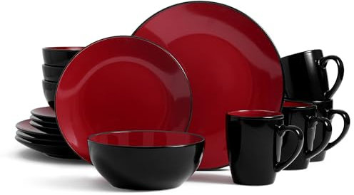Bestone Juego de vajilla de 16 piezas, gres, platos y cuencos, platos, servicio para 4, rojo y negro