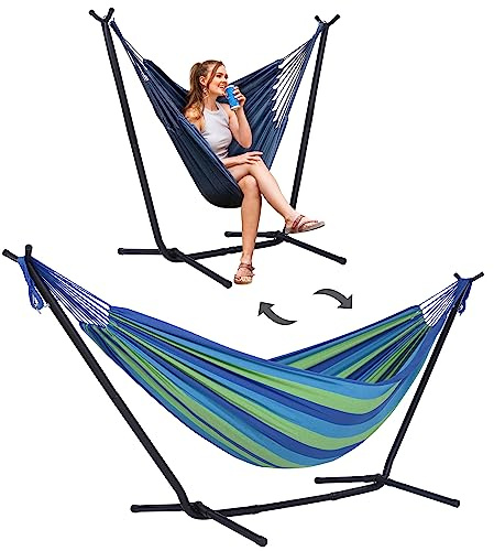 SUNCREAT 2-in-1 Hängemattenstuhl mit Ständer, 215,5 kg Kapazität, robuste Zwei-Personen-Hängematte mit Ständer, patentiert, blau gestreift