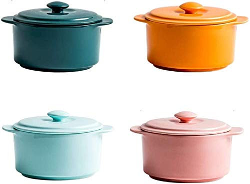 SHALOLY Bol de ramequins de Cuisson en céramique, ramequins de 8 onces avec Couvercle et poignée, Petit Pot de Soupe à l'oignon français, 4 pièces
