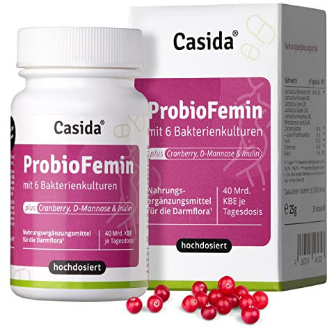 Casida® ProbioFemin Kapseln mit 6 Bakterienkulturen (40 Mrd KBE) plus Cranberry, D-Mannose & Inulin - Ideal für FRAUEN - Optimale Kombination für die weibliche Gesundheit - Aus der Apotheke - 30 Kps.