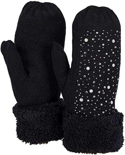 styleBREAKER Damen warme Winter Strick Fäustlinge mit Strass und Perlen, Handschuhe, Thermo Fleece, Strickhandschuhe 09010039, Farbe:Schwarz