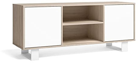 Skraut Home - Porta TV 140 a 2 porte, soggiorno, modello WIND, colore struttura Rovere, colore porte Bianco, misure 137x40x57cm altezza.