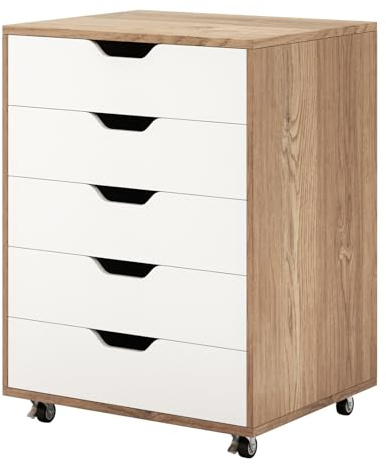 COSTWAY Mobile File Cabinet, 5/7 Drawers Lateral Stationery Storage Organiser Chest with Wheels, Home Office Printer Stand Side Filing Cupboard (Natural + White, 5 Drawers)