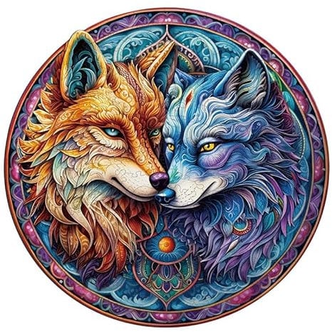 PRSTENLY Holzpuzzle für Erwachsene, Mandala Yin Yang Wolf Puzzle Tierpuzzle aus Holz Einzigartige Form Puzzleteile Erwachsene, Holzpuzzle für Erwachsene mit hölzerner Geschenkbox 29*28.5cm 190 Teile