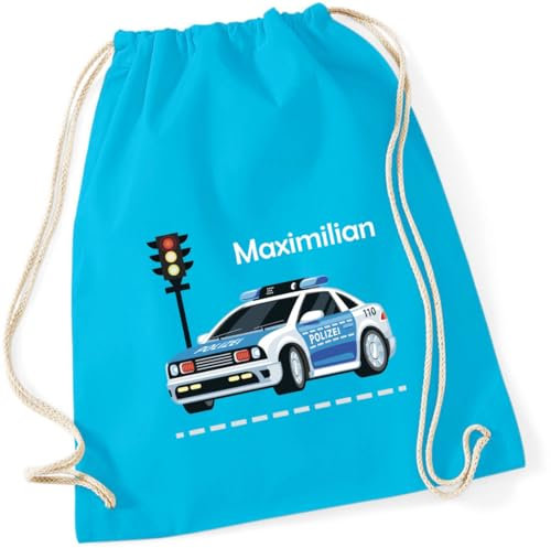 minimutz Turnbeutel Polizei-Auto mit Namen personalisiert - Stoffbeutel Jungen Rucksack - Sportbeutel zum Zuziehen - 12L - 37x46cm (surfblau)
