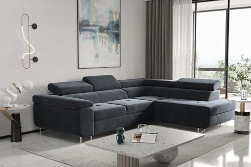 Kaiser Möbel, Ecksofa mit schlaffunktion, mit Bettkasten, Schlafsofa Atom Lux, Designer Sofa, Modern Design Couch, Polsterecke, Freistehend, Stoff Monolith Klasse A, Antrazite Rechts