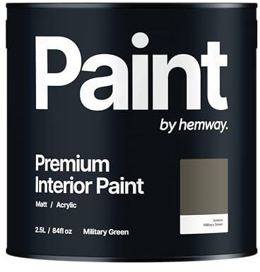 Hemway - Premium Interior Paint - Military Green 2.5 L | Indoor Matt Finish, Acrylic & Water-Based Emulsion | Quick Dry & High Coverage for the Kitchen, Bathroom & Bedroom