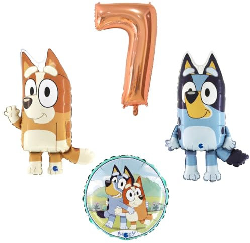 Ballonim® 4 teiliges Ballonset mit Bluey und Bingo einer Ballonzahl mit der Nummer 7 in Rosegold und ein runder Ballon