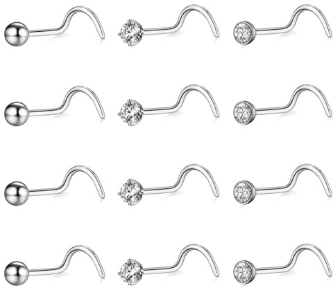9PCS Stainless Steel Nose Screw Nose Studs with Cubic Zirconia Nose Piercing Jewelry for Women Men