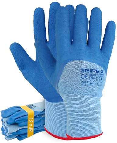 Trevendo Arbeitshandschuhe - Gripex - blaue Montagehandschuhe - Latex-Beschichtung - optimaler Grip für präzises Arbeiten - Gartenhandschuh - Damen & Herren, 12 Paar, Größe 7