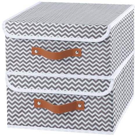 OUTBROS Storage Boxes with Lids, Fabric Foldable Bins Organizer, Cube Cabinet Basket with Artificial Leather Handles,32 X 32 X 16cm, Wave Pattern, 2-Pack