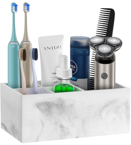 PENGARO Electric Toothbrush Holder, 5 Slots Sonic Toothbrush Holders with Drain Hole Marble Bathroom Organizer Countertop Vanity Storage for Toothpaste Sink Bathroom Accessories, Gravel White