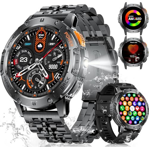 ESFOE Militar Reloj Inteligente Hombre,1.43 AMOLED Smartwatch Hombre con Llamadas, 530mAh 5ATM Impermeable, Alertas Whatsapp, 120+ Modos Deporte Pulsómetro Presión Arterial Monito de Sueño