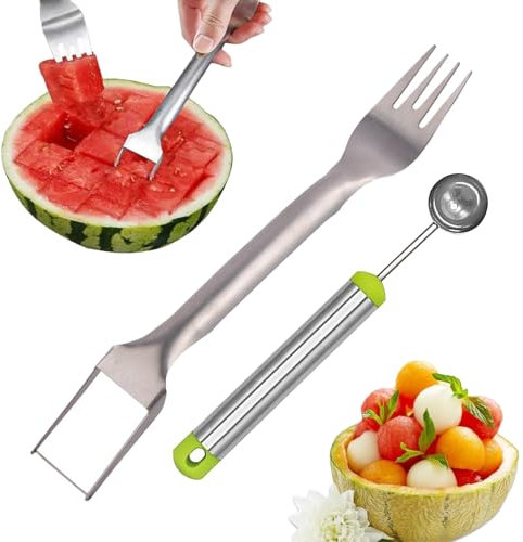 Tenedor de Sandía 2 en 1, Bolas Cortadoras de Melón de Acero Inoxidable, Tenedor Cortador de Sandía, Cortador de Bolas de Melón, Herramienta para Tallar Frutas, Herramientas de Cocina