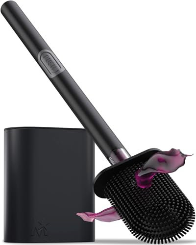 MooStar 1-Pack Silicone Toilet Brush with Holder - Stainless Steel Wall-Mounted Black Toilet Brush with Holder - Flexible Flat Brush Head & Soap Dispenser for Bathroom-Black