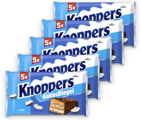 Knoppers KokosRiegel – 5 x 200g (5x 5 Riegel) – Waffelriegel mit Milchcreme, Kokoscreme, Haselnüssen, Kokosraspeln und zartem Karamell, umhüllt von Vollmilchschokolade