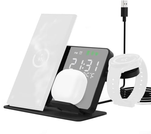 Oniissy 4 in 1 Wireless Charger Dock mit LED Wecker Schnellladestation, Wireless Ladestation mit LED Wecker für Telefon Uhr und Kopfhörer (schwarz + weiß)