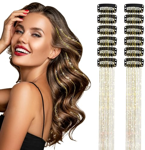 Dalababa 12 Stück Glitzer Haar Lametta, 20 Zoll Feen Clip-in Haarlametta Haarsträhnen zum Einklipsen Hair Tinsel Glitzersträhnen Party Dazzle Haar Zubehör für Frauen Mädchen Kinder - Gold