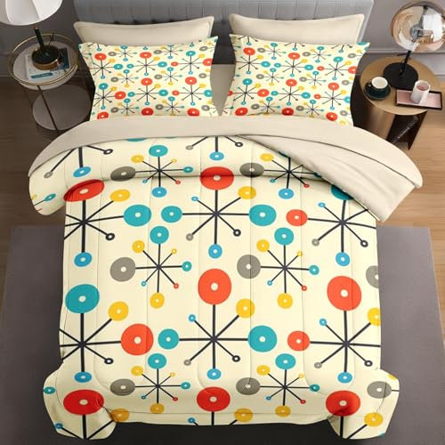 WeCozy 7-teiliges Bettwäsche-Set für King-Size-Betten mit 2 Kissenbezügen und 2 Kissenbezügen, Retro-Bettwäsche-Set für Kinder und Erwachsene, 50er Jahre Vintage geometrisches Bett in einer Tasche mit