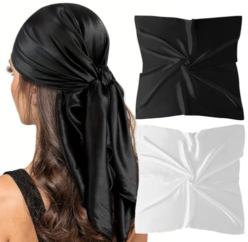 White Silk Scarf for Women-35 Inch Square Satin Head Scarves for Hair Wrapping Black Bandanas Silk Neck Scarf (2 Pack-Black+White)