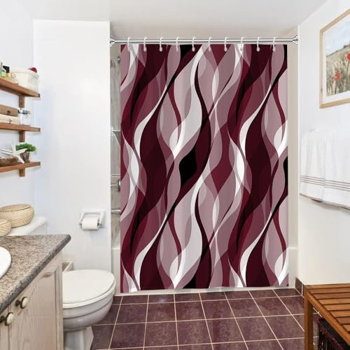 Uiiooazy Rideau Douche Rouge Bordeaux, Rideau de Douche Anti Moisissure Abstrait Rayures Noir Rayé Rideaux de Baignoire Tissu Imperméable Lavable Rideaux Salle de Bain avec 10 Crochets 150x180cm